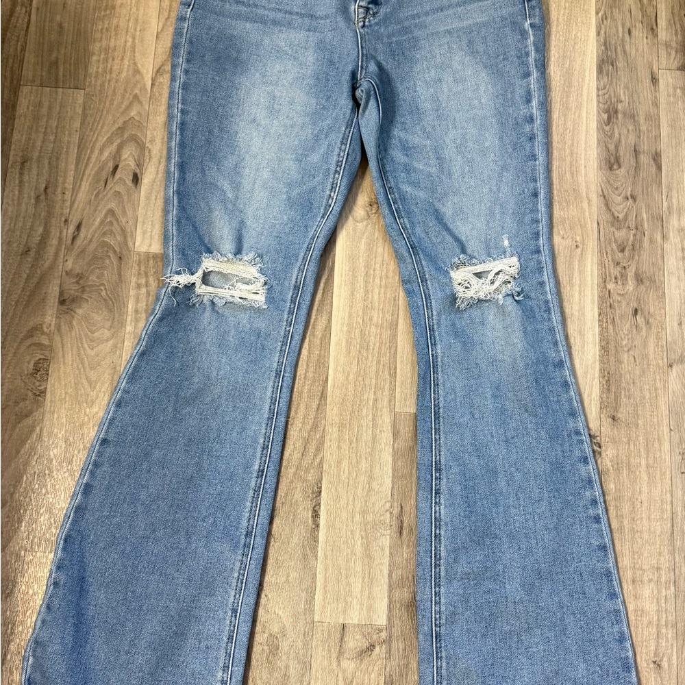 KanCan Light Blue Flare Jeans with Distressed Knees
